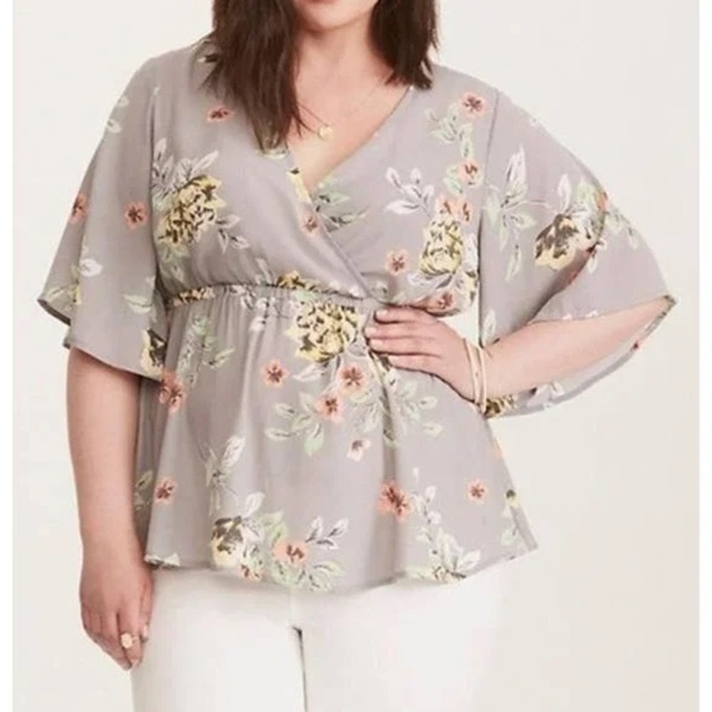 torrid Gray Floral Wrap Peplum Blouse